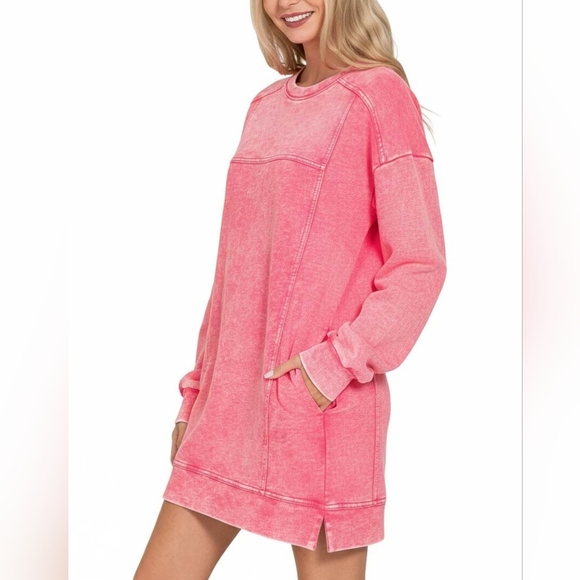 Zenana French Terry Acid Washed Pink Sweatshirt Dress with Pockets - Picture 3 of 4